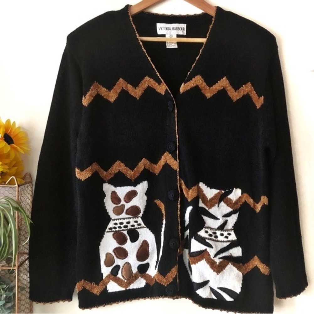 Vintage 90s Victoria Harbour Cat Cardigan Whimsigoth Cottagecore Soft Knit Sz M - Picture 2 of 13